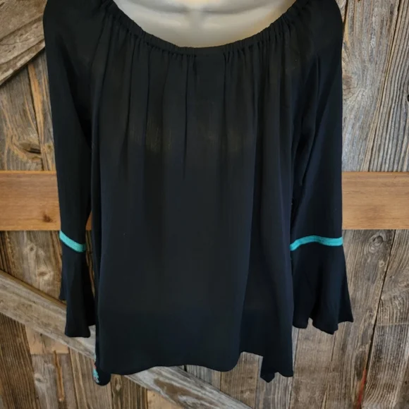 Wrangler Retro Bell Sleeve Off The Shoulder rayon Peasant western blouse S small - Picture 3 of 8